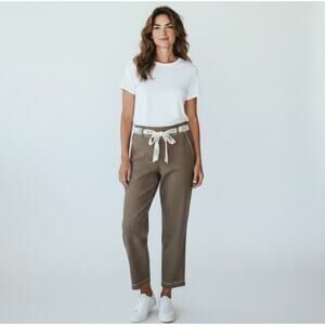 J.Jill Pinstripe Brown 100% Linen Belted Pants Women's Plus Size 14